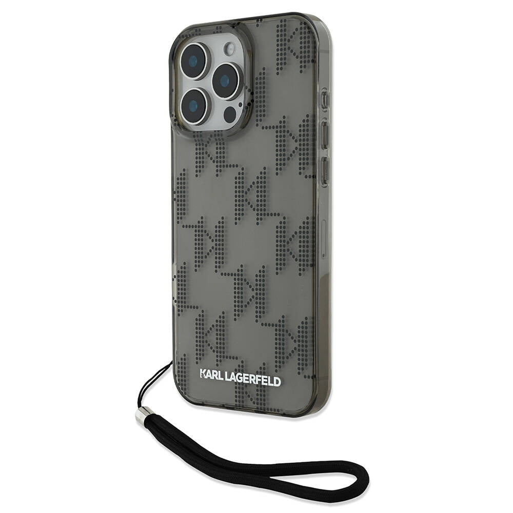 Apple iPhone 16 Pro Max Case Karl Lagerfeld Original Licensed KL Patterned Transparent Wrist Strap Rope Classic Logo Cover Black