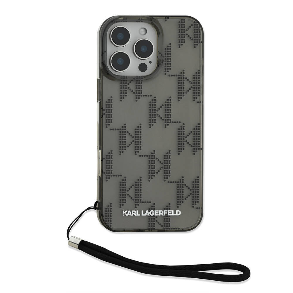Apple iPhone 16 Pro Max Case Karl Lagerfeld Original Licensed KL Patterned Transparent Wrist Strap Rope Classic Logo Cover Black