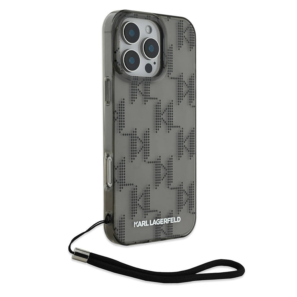 Apple iPhone 16 Pro Max Case Karl Lagerfeld Original Licensed KL Patterned Transparent Wrist Strap Rope Classic Logo Cover Black