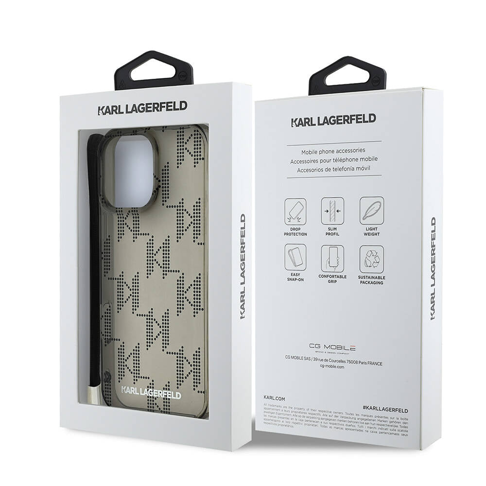 Apple iPhone 16 Pro Max Case Karl Lagerfeld Original Licensed KL Patterned Transparent Wrist Strap Rope Classic Logo Cover Black