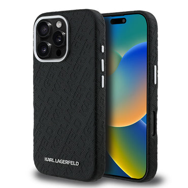 Apple iPhone 16 Pro Max Kılıf Karl Lagerfeld Orjinal Lisanslı PU Deri Damgalı Metal Yazı Logolu Kapak Siyah