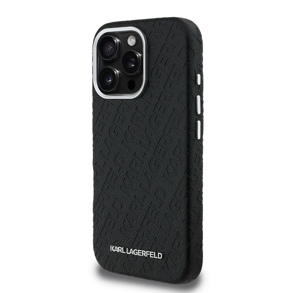 Apple iPhone 16 Pro Max Case Karl Lagerfeld Original Licensed PU Leather Stamped Metal Lettering Logo Cover Black