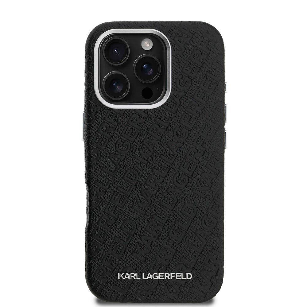 Apple iPhone 16 Pro Max Case Karl Lagerfeld Original Licensed PU Leather Stamped Metal Lettering Logo Cover Black