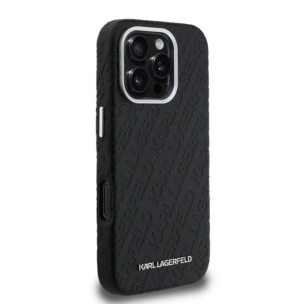 Apple iPhone 16 Pro Max Case Karl Lagerfeld Original Licensed PU Leather Stamped Metal Lettering Logo Cover Black