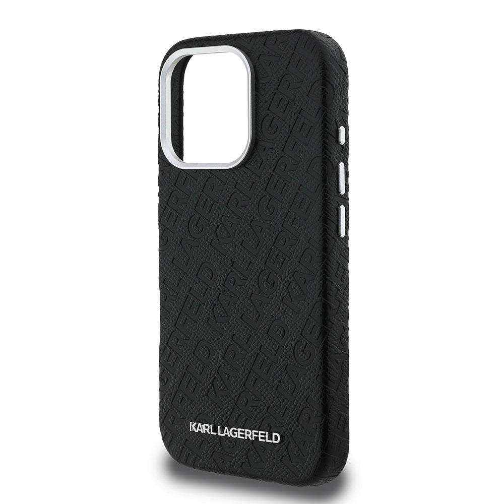 Apple iPhone 16 Pro Max Case Karl Lagerfeld Original Licensed PU Leather Stamped Metal Lettering Logo Cover Black