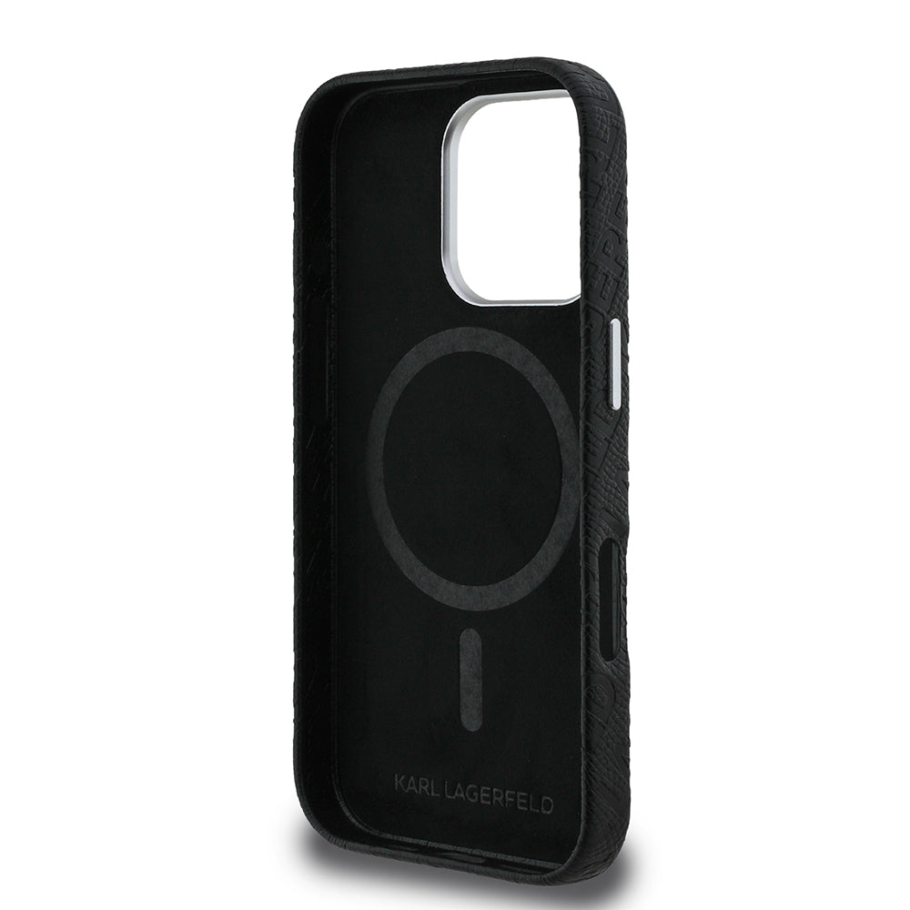 Apple iPhone 16 Pro Max Case Karl Lagerfeld Original Licensed PU Leather Stamped Metal Lettering Logo Cover Black