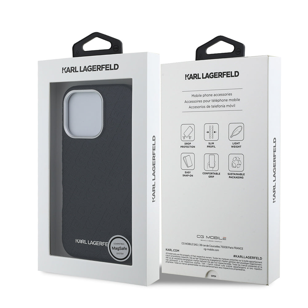 Apple iPhone 16 Pro Max Case Karl Lagerfeld Original Licensed PU Leather Stamped Metal Lettering Logo Cover Black