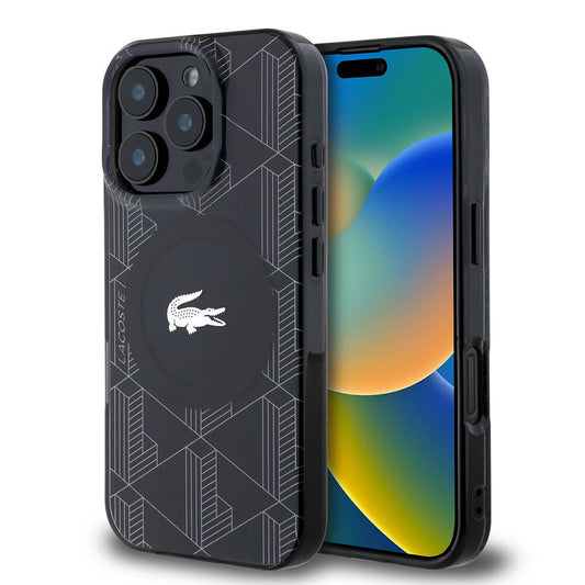 Apple iPhone 16 Pro Max Kılıf Lacoste Orjinal Lisanslı M-safe Şarj Özellikli IML Baskılı Gümüş Timsah Logolu Monogram Kapak Siyah