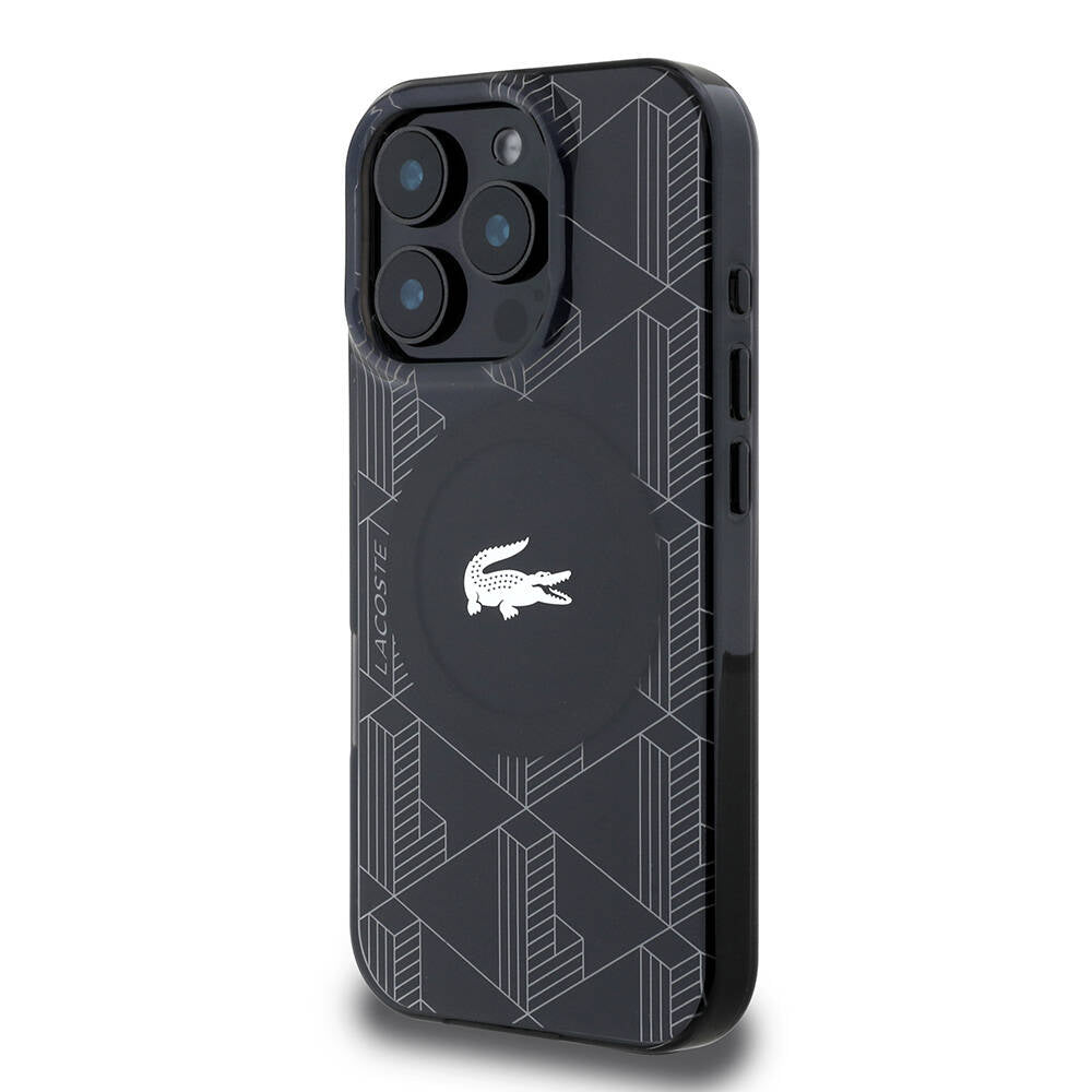 Apple iPhone 16 Pro Max Case Lacoste Original Licensed M-Safe Charging Feature IML Printed Silver Crocodile Logo Monogram Cover Navy Blue