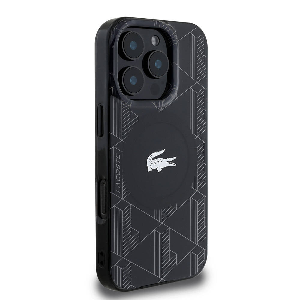 Apple iPhone 16 Pro Max Case Lacoste Original Licensed M-Safe Charging Feature IML Printed Silver Crocodile Logo Monogram Cover Navy Blue