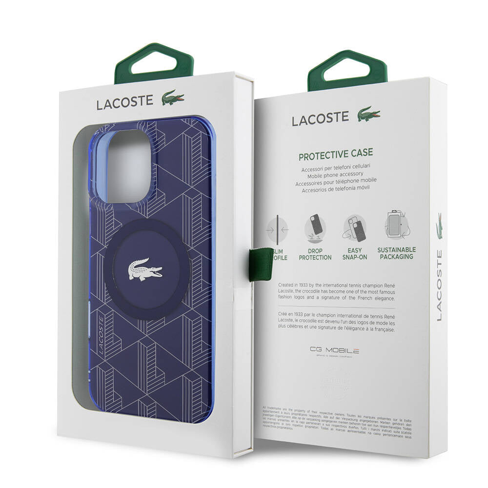 Apple iPhone 16 Pro Max Case Lacoste Original Licensed M-Safe Charging Feature IML Printed Silver Crocodile Logo Monogram Cover Navy Blue