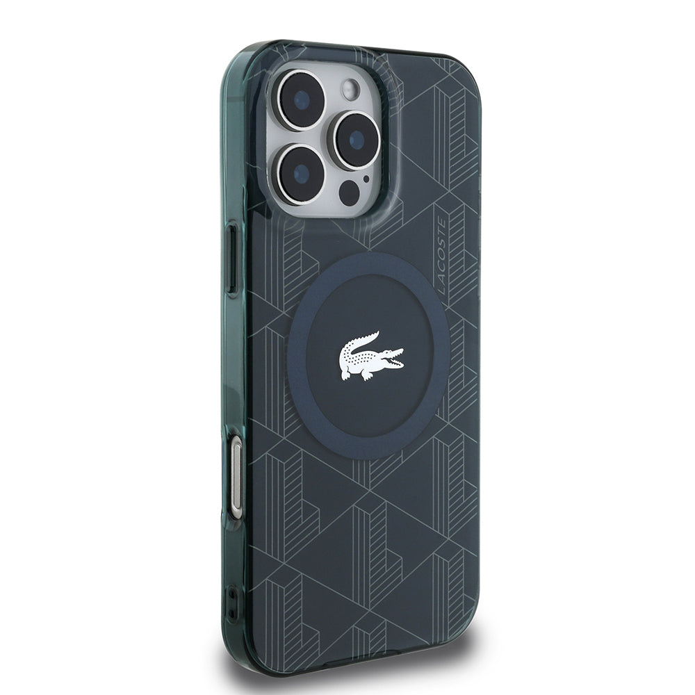 Apple iPhone 16 Pro Max Case Lacoste Original Licensed M-Safe Charging Feature IML Printed Silver Crocodile Logo Monogram Cover Navy Blue