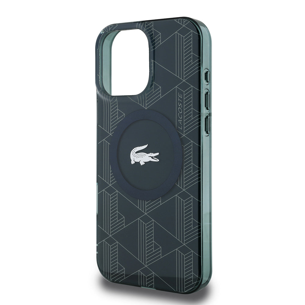 Apple iPhone 16 Pro Max Case Lacoste Original Licensed M-Safe Charging Feature IML Printed Silver Crocodile Logo Monogram Cover Navy Blue