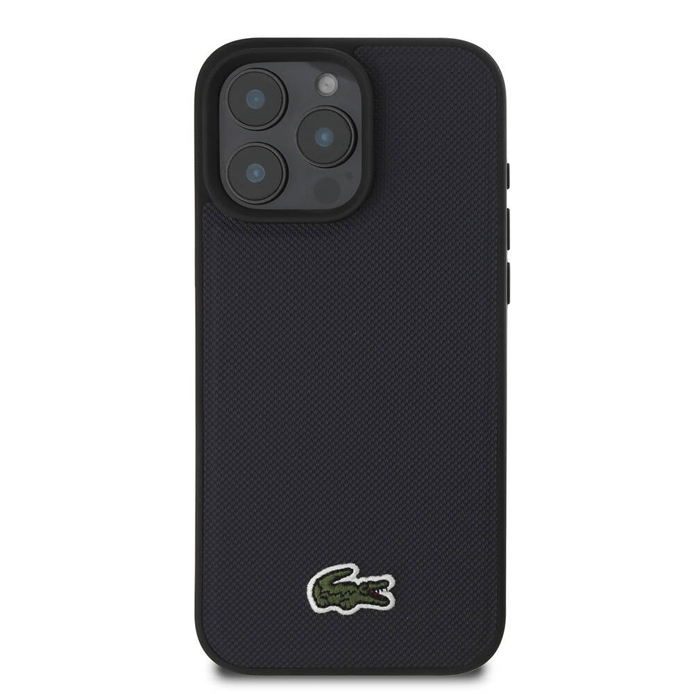 Apple iPhone 16 Pro Max Case Lacoste Original Licensed PU Pique Patterned Back Surface Iconic Crocodile Woven Logo Cover Black