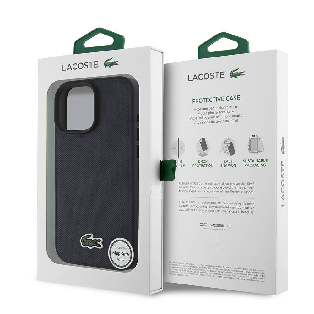 Apple iPhone 16 Pro Max Case Lacoste Original Licensed PU Pique Patterned Back Surface Iconic Crocodile Woven Logo Cover Black