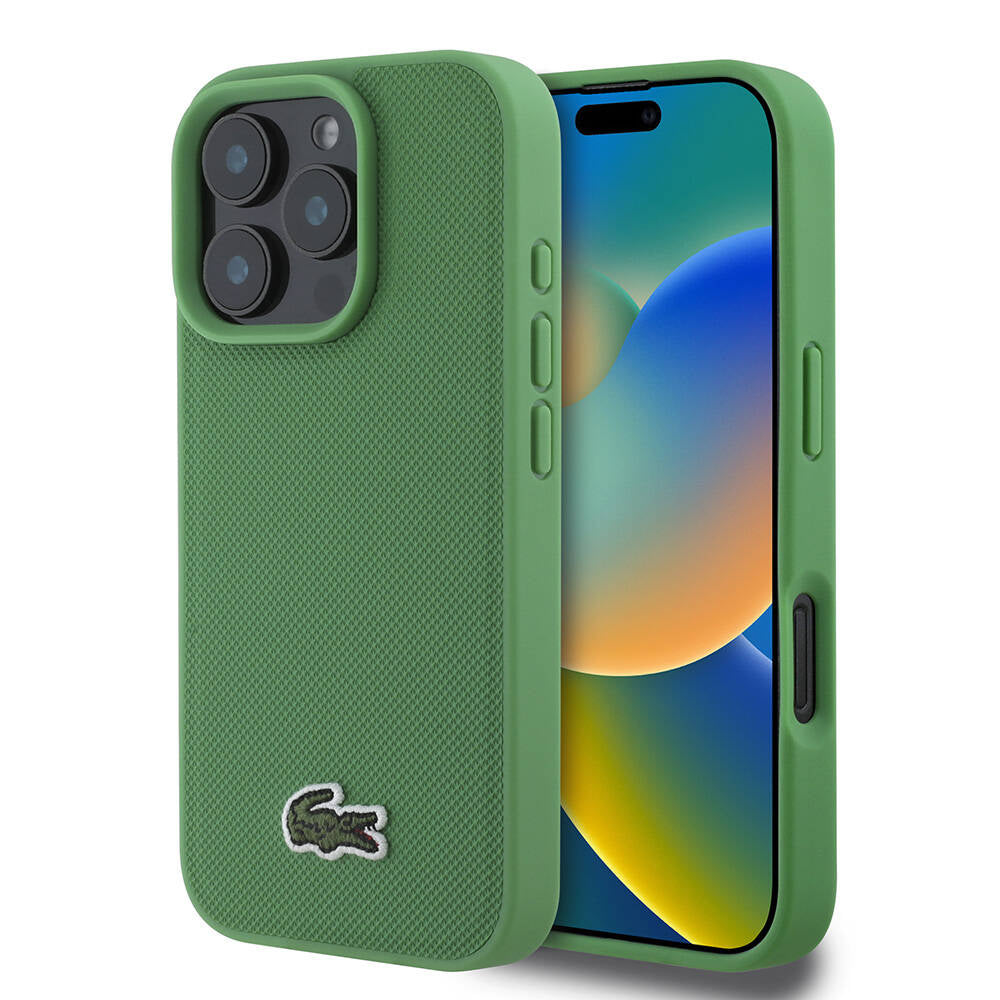 Apple iPhone 16 Pro Max Case Lacoste Original Licensed PU Pique Patterned Back Surface Iconic Crocodile Woven Logo Cover Green