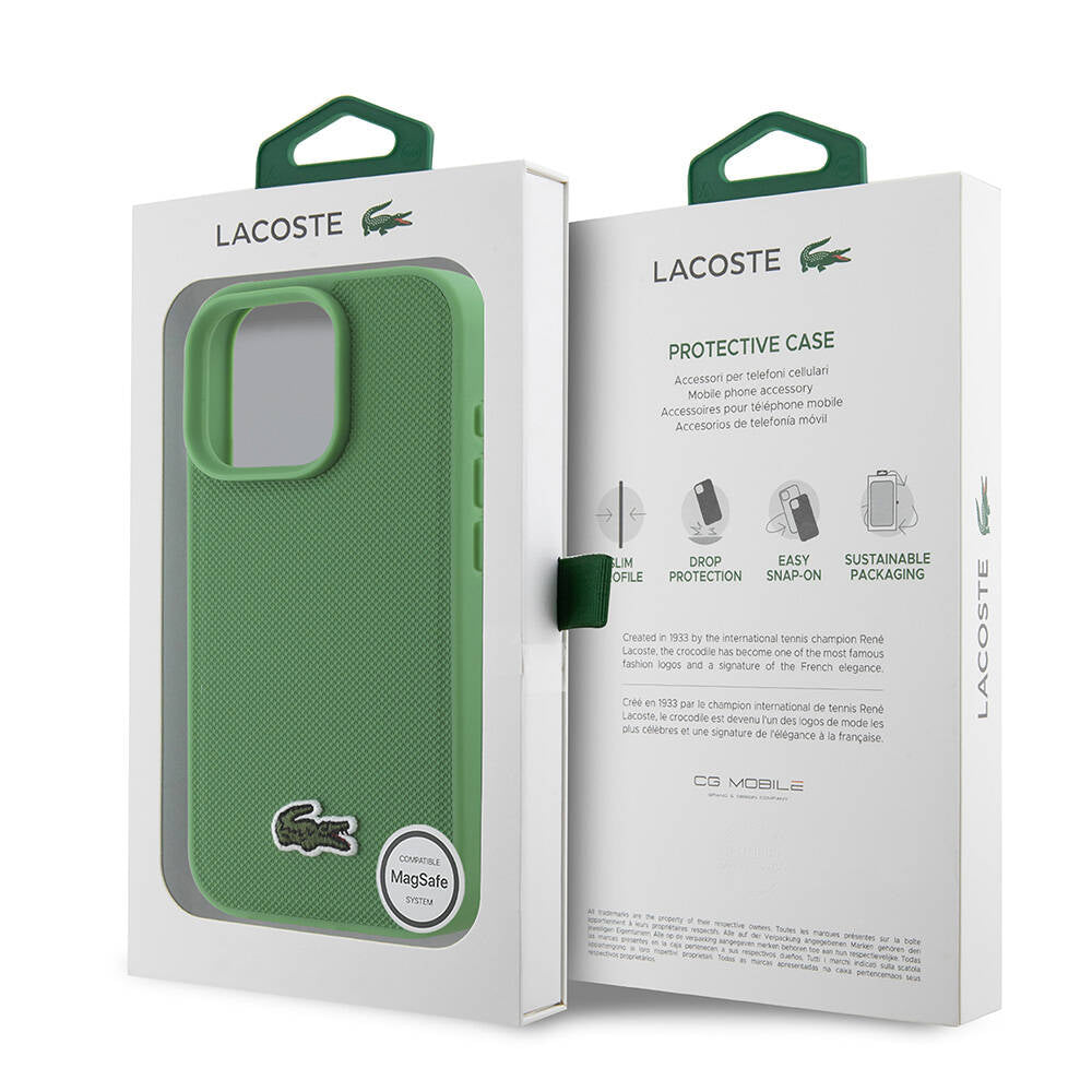 Apple iPhone 16 Pro Max Case Lacoste Original Licensed PU Pique Patterned Back Surface Iconic Crocodile Woven Logo Cover Dark Green