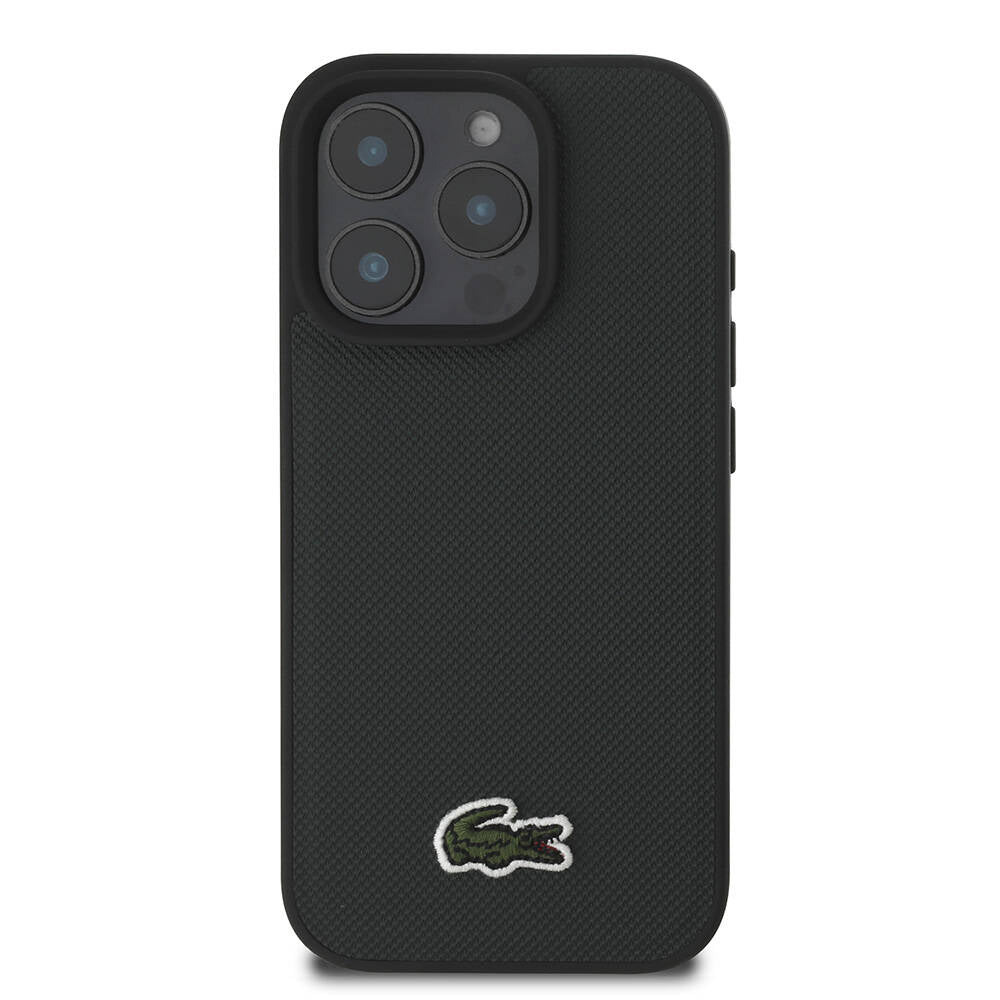 Apple iPhone 16 Pro Max Case Lacoste Original Licensed PU Pique Patterned Back Surface Iconic Crocodile Woven Logo Cover Black