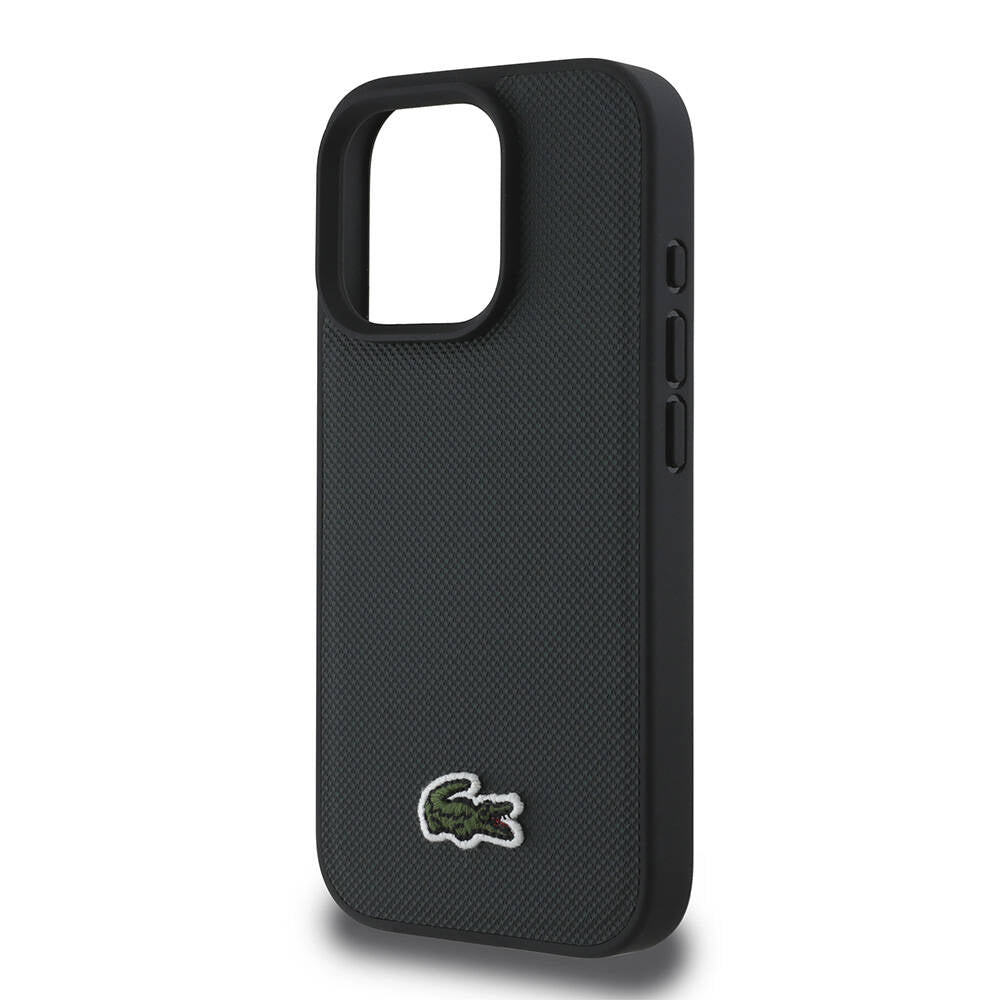 Apple iPhone 16 Pro Max Case Lacoste Original Licensed PU Pique Patterned Back Surface Iconic Crocodile Woven Logo Cover Black