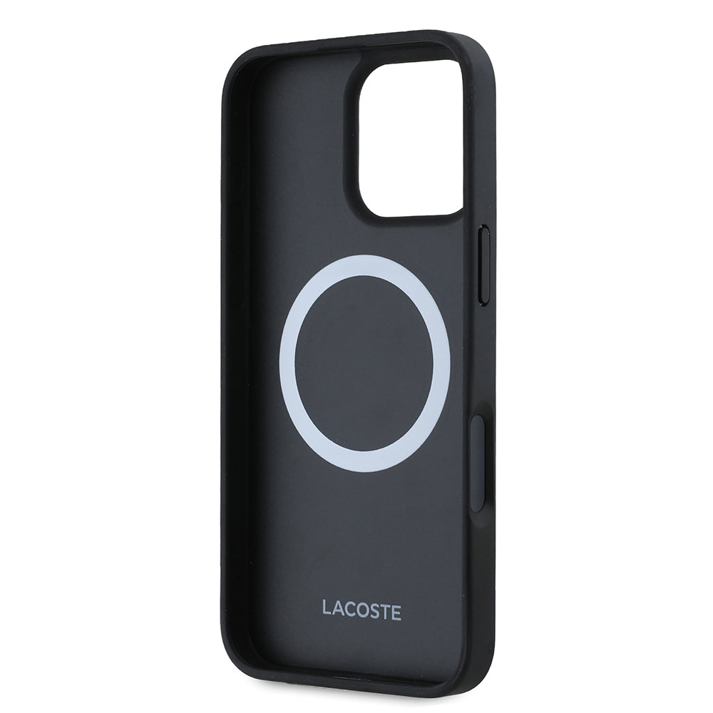 Apple iPhone 16 Pro Max Kılıf Lacoste Orjinal Lisanslı PU Pike Desenli Arka Yüzey İkonik Timsah Dokuma Logolu Kapak + Type-C Kablo 1.5m Siyah