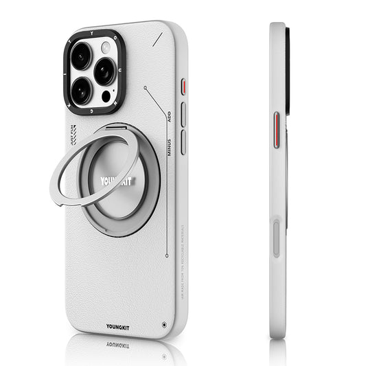 Apple iPhone 16 Pro Max Kılıf M-safe Şarj Özellikli 360° Standlı Basit Mat Deri Desenli Youngkit Tech Leather Serisi Kapak Gri