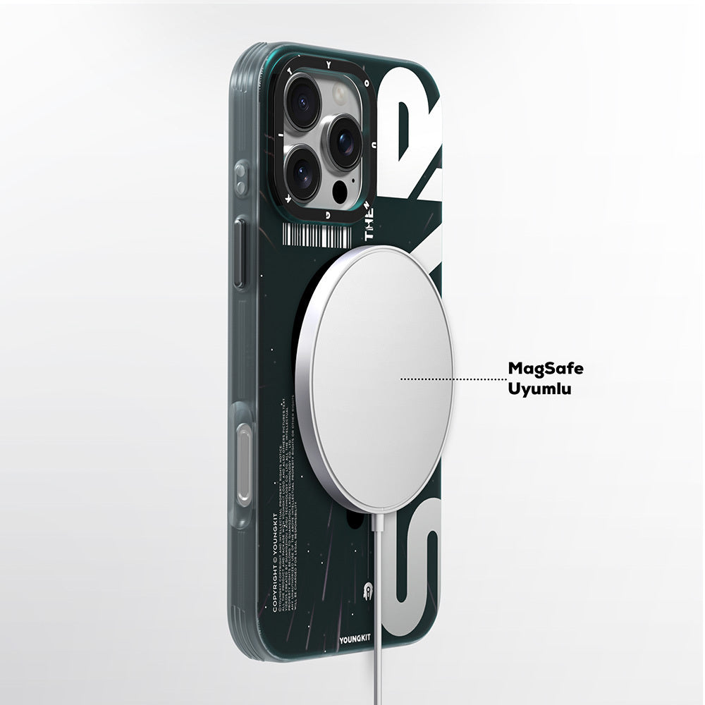 Apple iPhone 16 Pro Max Kılıf M-safe Şarj Özellikli Airbagli Hologram Tasarımlı Youngkit Interstellar Serisi Kapak Siyah-Turuncu