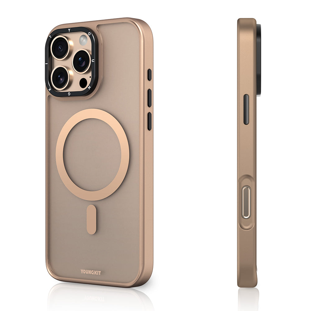 Apple iPhone 16 Pro Max Kılıf M-safe Şarj Özellikli Cam Arka Yüzey TPU Youngkit Gemstone Serisi Kapak Gold