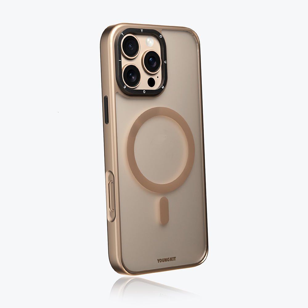 Apple iPhone 16 Pro Max Kılıf M-safe Şarj Özellikli Cam Arka Yüzey TPU Youngkit Gemstone Serisi Kapak Gold