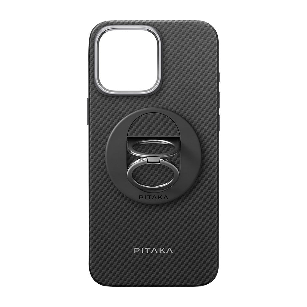 Apple iPhone 16 Pro Max Kılıf M-safe Şarj Özellikli Grip 3 Standlı Aramid Fiber Pitaka Military Grade Classic Serisi Black-Grey Twill Kapak Siyah-Gri