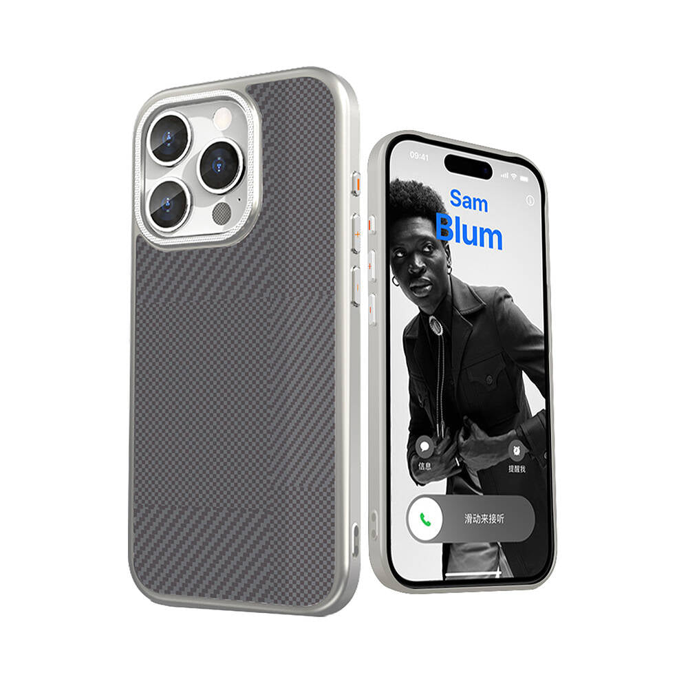 Apple iPhone 16 Pro Max Case with M-safe Charging Function Carbon Fiber Pattern Mutural Montage Cover Silver