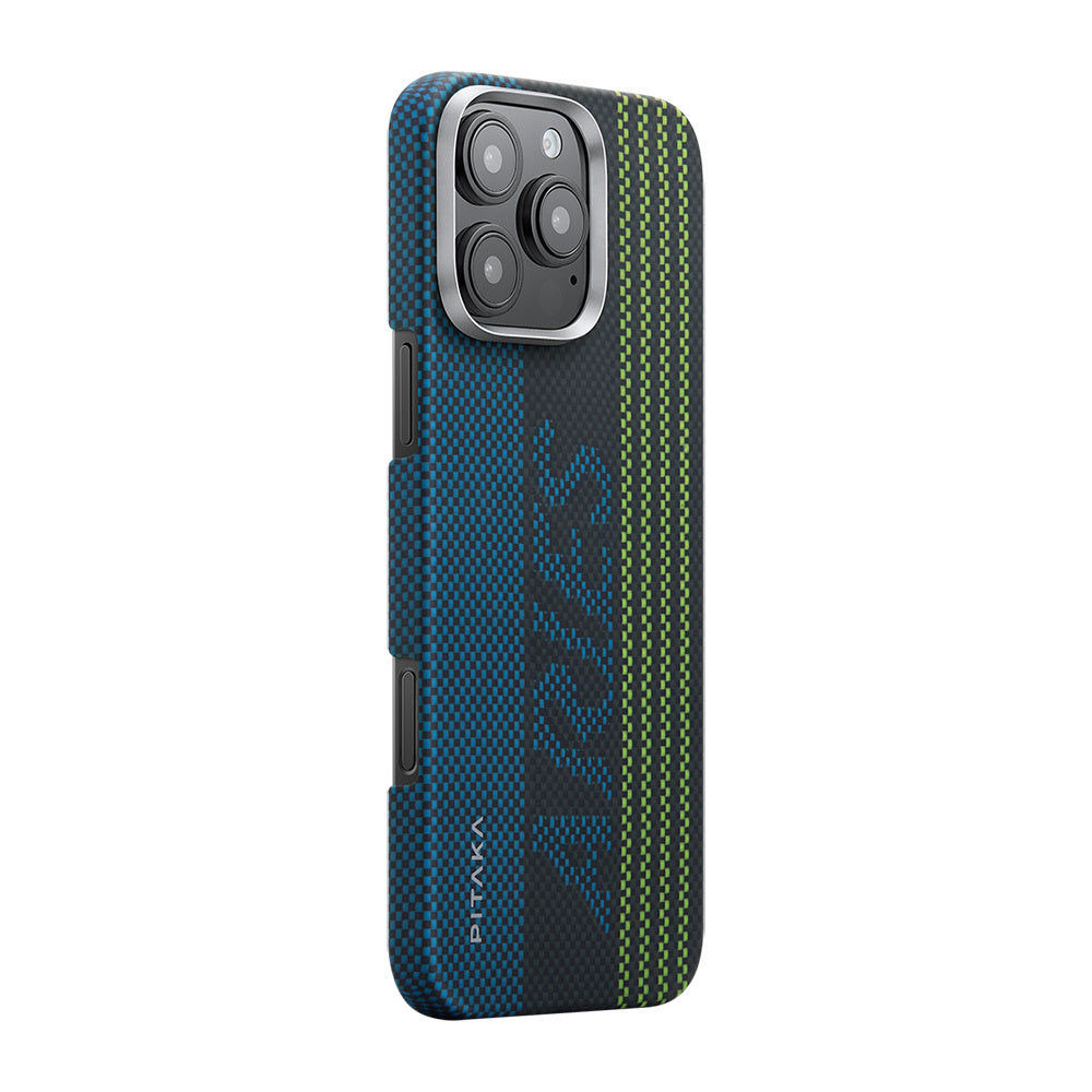 Apple iPhone 16 Pro Max Kılıf M-safe Şarj Özellikli Lumintex Teknolojili Fosforlu Aramid Fiber Pitaka Tactile Woven Aries Serisi Credit Card Kapak Yeşil-Mavi