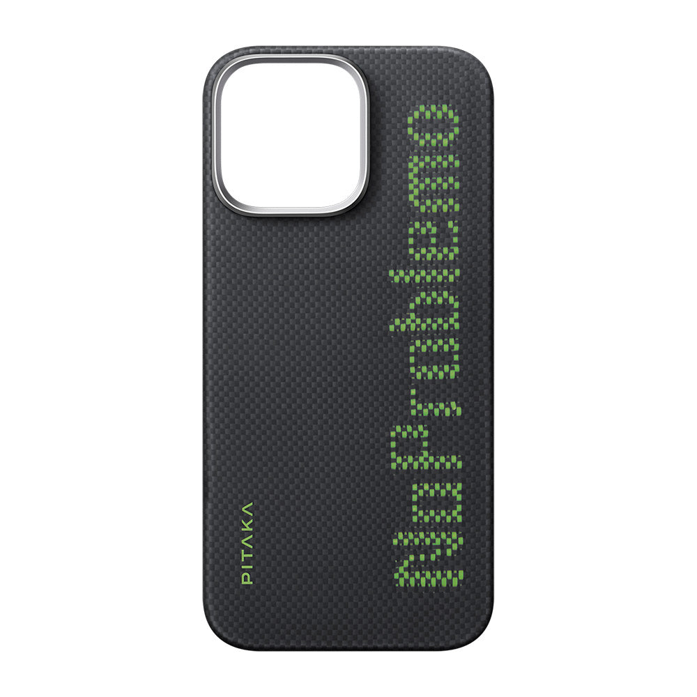 Apple iPhone 16 Pro Max Kılıf M-safe Şarj Özellikli Lumintex Teknolojili Fosforlu Aramid Fiber Pitaka Tactile Woven Aries Serisi NoProblemo Kapak Siyah