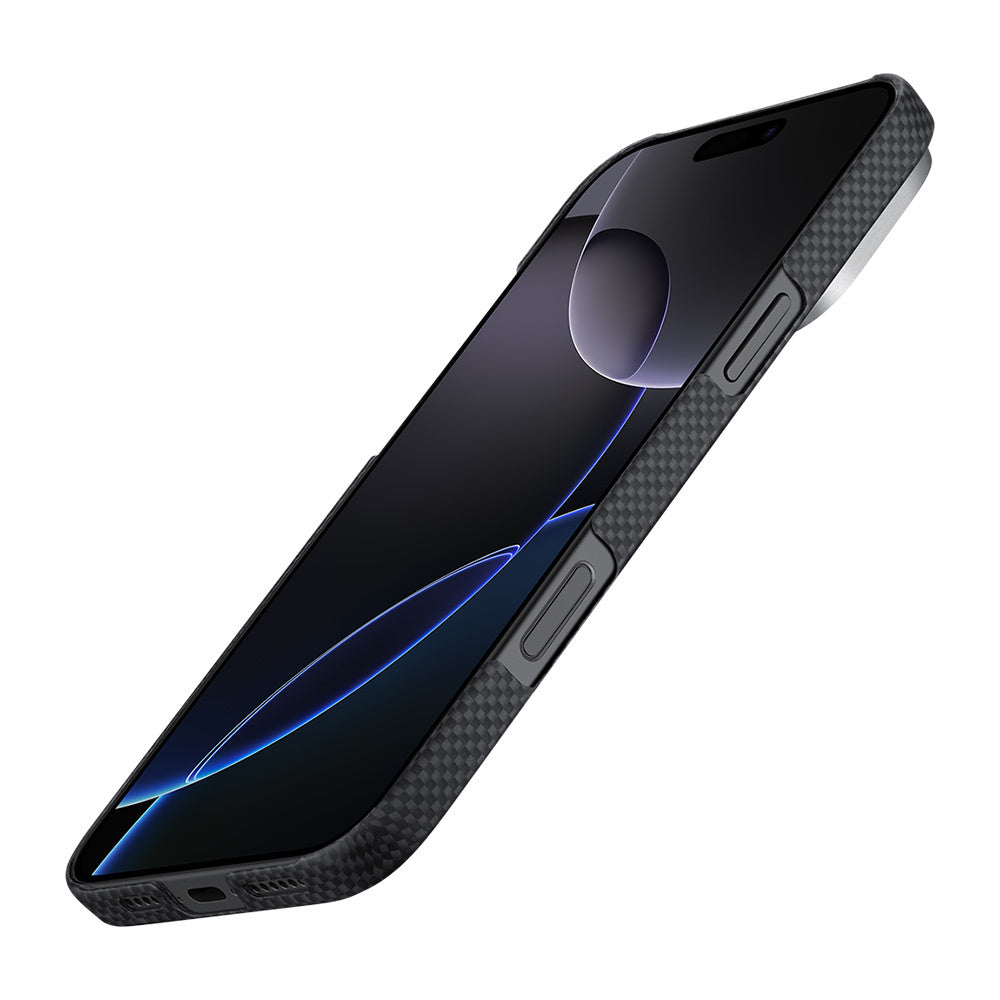 Apple iPhone 16 Pro Max Kılıf M-safe Şarj Özellikli Lumintex Teknolojili Fosforlu Aramid Fiber Pitaka Tactile Woven Aries Serisi NoProblemo Kapak Siyah