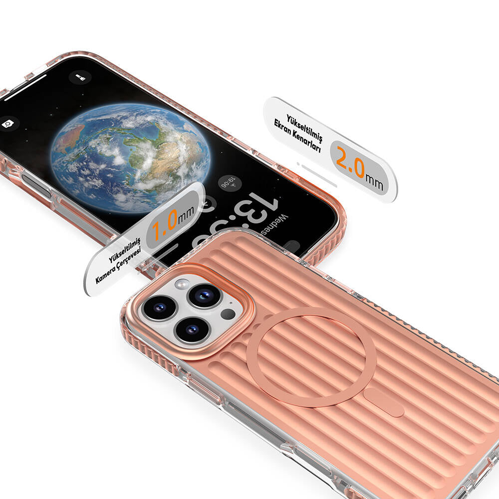 Apple iPhone 16 Pro Max Kılıf M-safe Şarj Özellikli Oyuklu Tasarım Mutural Bumpy Clear Kapak Rose Gold