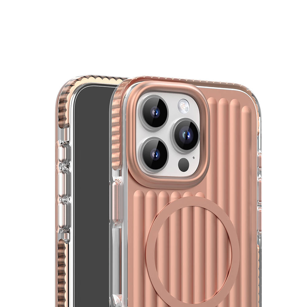 Apple iPhone 16 Pro Max Kılıf M-safe Şarj Özellikli Oyuklu Tasarım Mutural Bumpy Clear Kapak Rose Gold