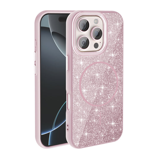 Apple iPhone 16 Pro Max Kılıf M-safe Şarj Özellikli Parlayan Simli Zore Okso Kapak Pembe