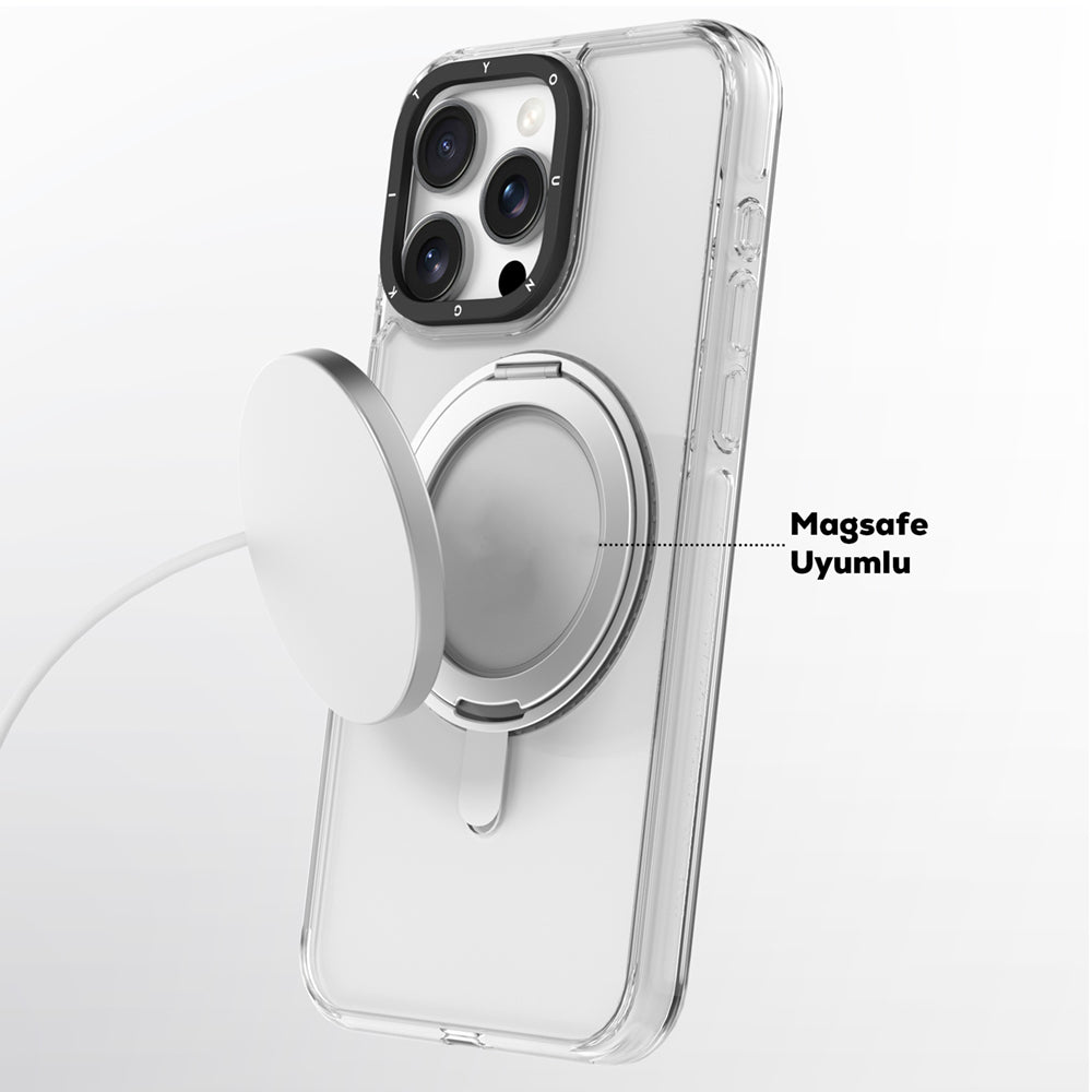 Apple iPhone 16 Pro Max Kılıf M-safe Şarj Özellikli Parmak Ring Standlı Youngkit Pivot Serisi Kapak Şeffaf