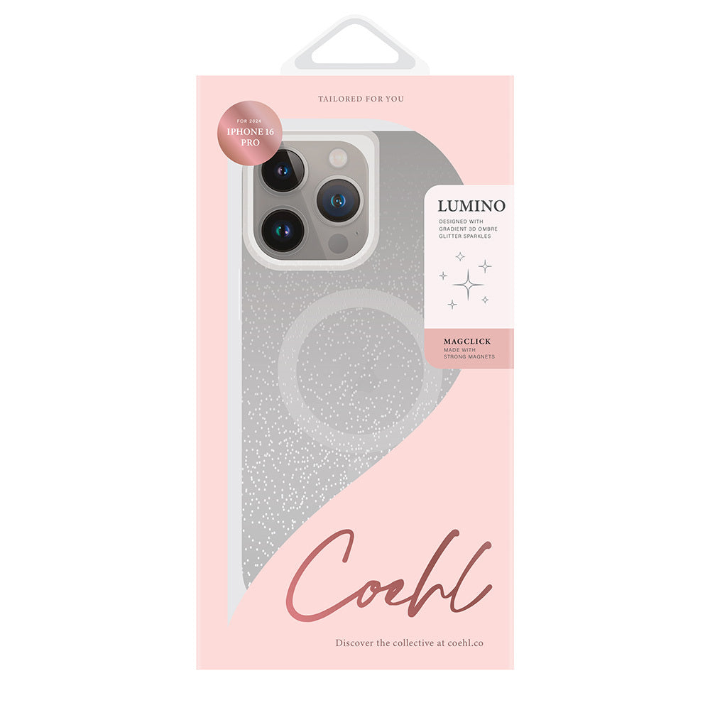 Apple iPhone 16 Pro Max Case with M-safe Charging Feature, Glittery Back Surface, Strap, Coehl Lumino Cover, Silver