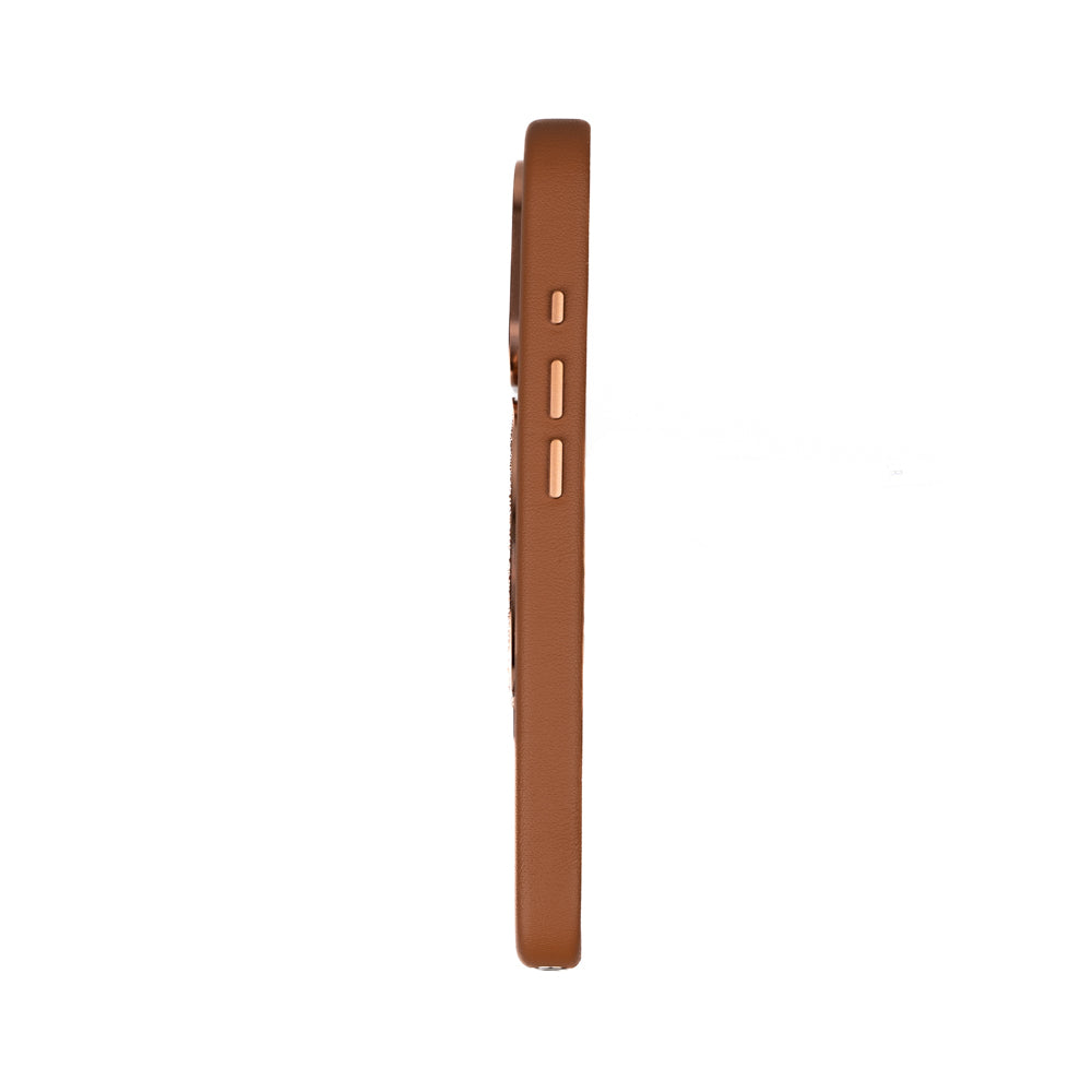 Apple iPhone 16 Pro Max Case with M-safe Charging Stand and Faux Leather Design Pynana Dancing Circle Series Cover Brown