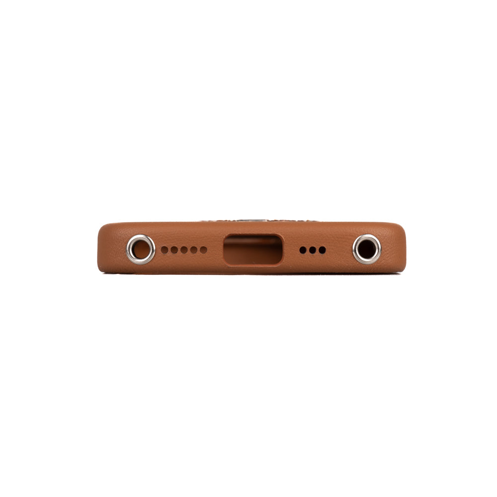 Apple iPhone 16 Pro Max Case with M-safe Charging Stand and Faux Leather Design Pynana Dancing Circle Series Cover Brown