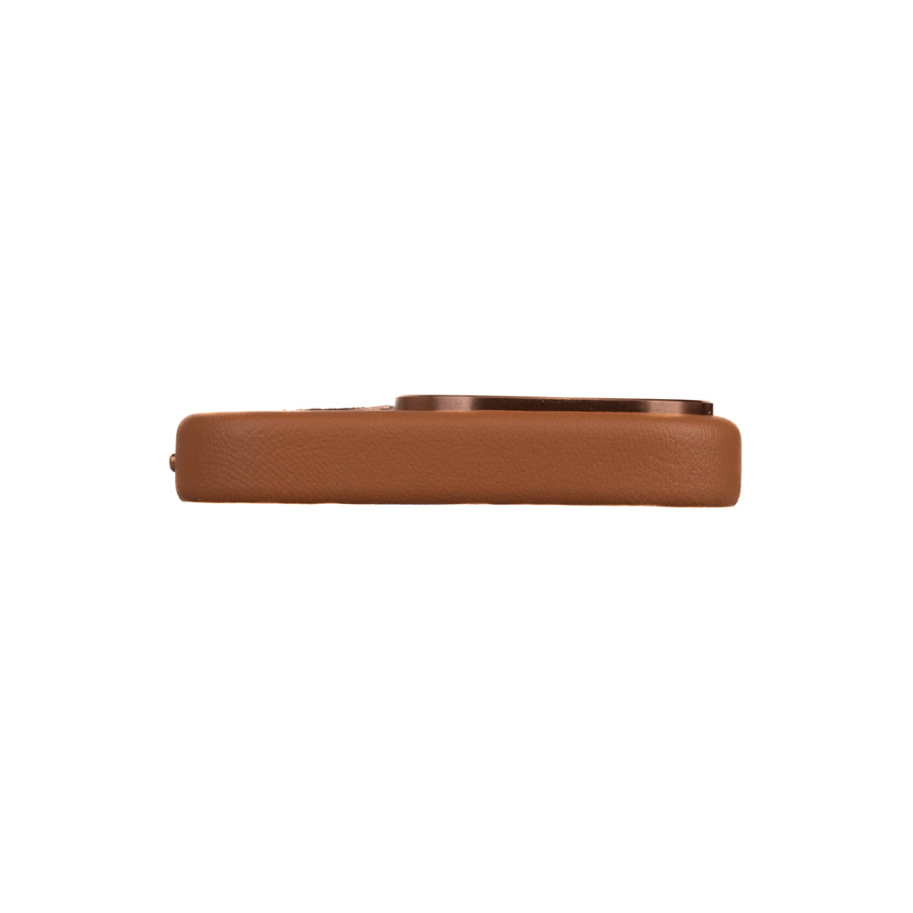Apple iPhone 16 Pro Max Case with M-safe Charging Stand and Faux Leather Design Pynana Dancing Circle Series Cover Brown