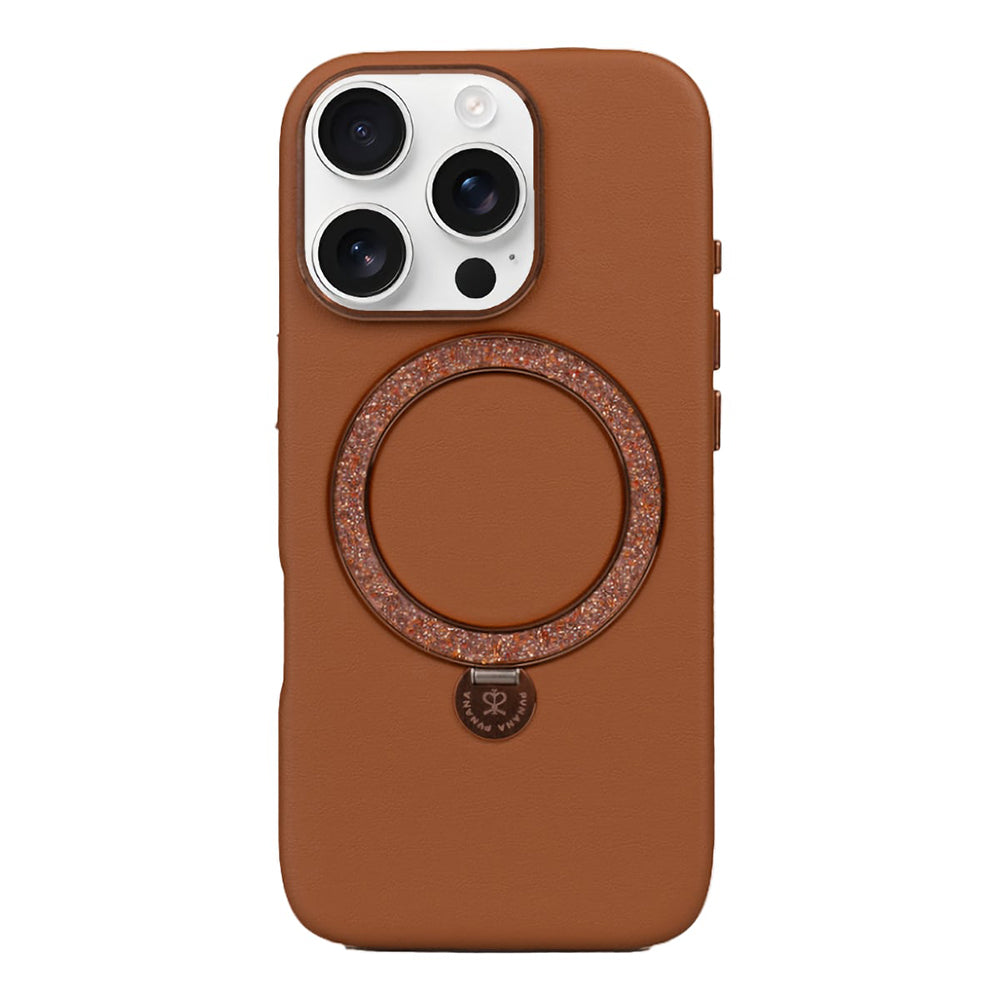 Apple iPhone 16 Pro Max Case with M-safe Charging Stand and Faux Leather Design Pynana Dancing Circle Series Cover Brown