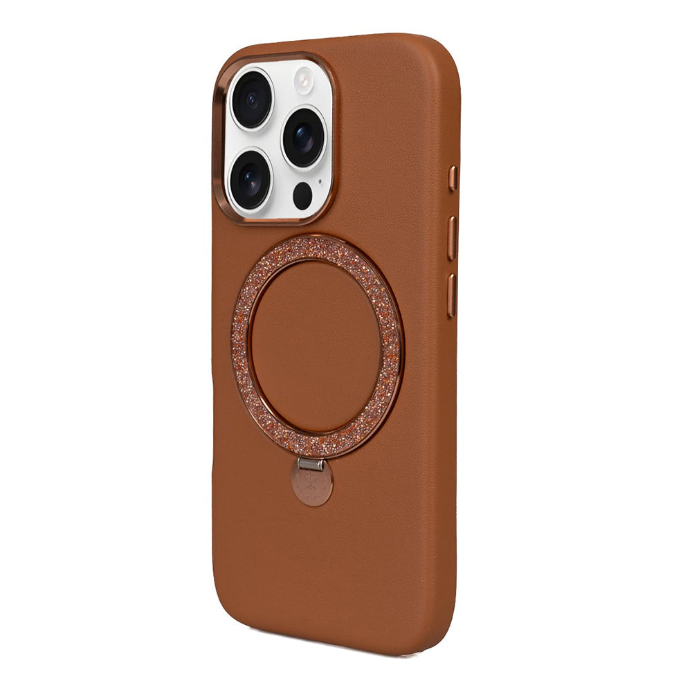 Apple iPhone 16 Pro Max Case with M-safe Charging Stand and Faux Leather Design Pynana Dancing Circle Series Cover Brown