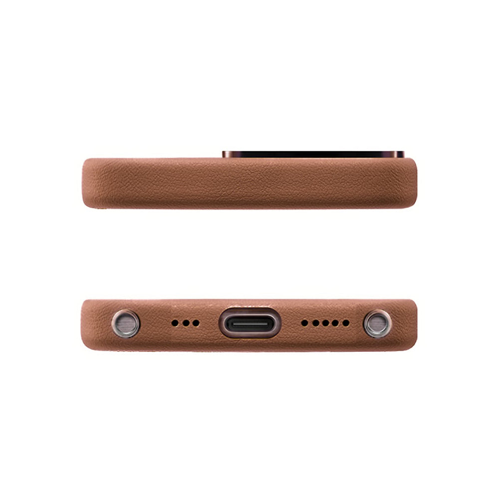 Apple iPhone 16 Pro Max Case with M-safe Charging Stand and Faux Leather Design Pynana Dancing Circle Series Cover Brown