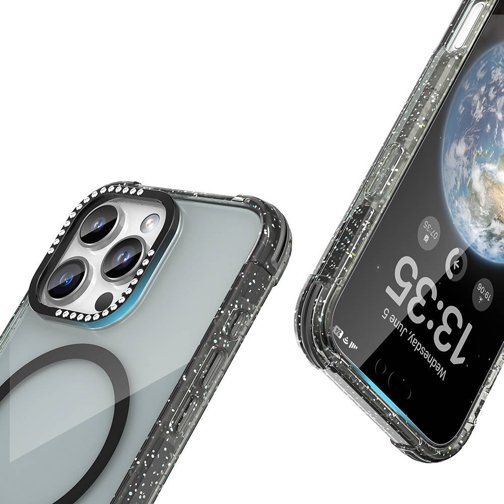 Apple iPhone 16 Pro Max Kılıf M-safe Şarj Özellikli Taşlı ve Simli Tasarım Mutural Blink Kapak Mavi