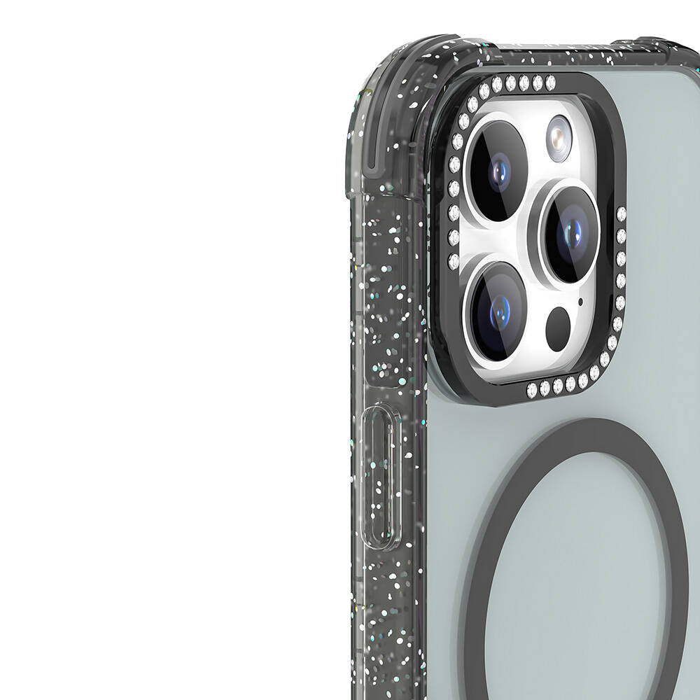 Apple iPhone 16 Pro Max Kılıf M-safe Şarj Özellikli Taşlı ve Simli Tasarım Mutural Blink Kapak Mavi