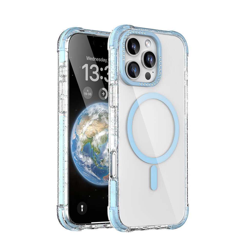 Apple iPhone 16 Pro Max Kılıf M-safe Şarj Özellikli Taşlı ve Simli Tasarım Mutural Blink Kapak Mavi