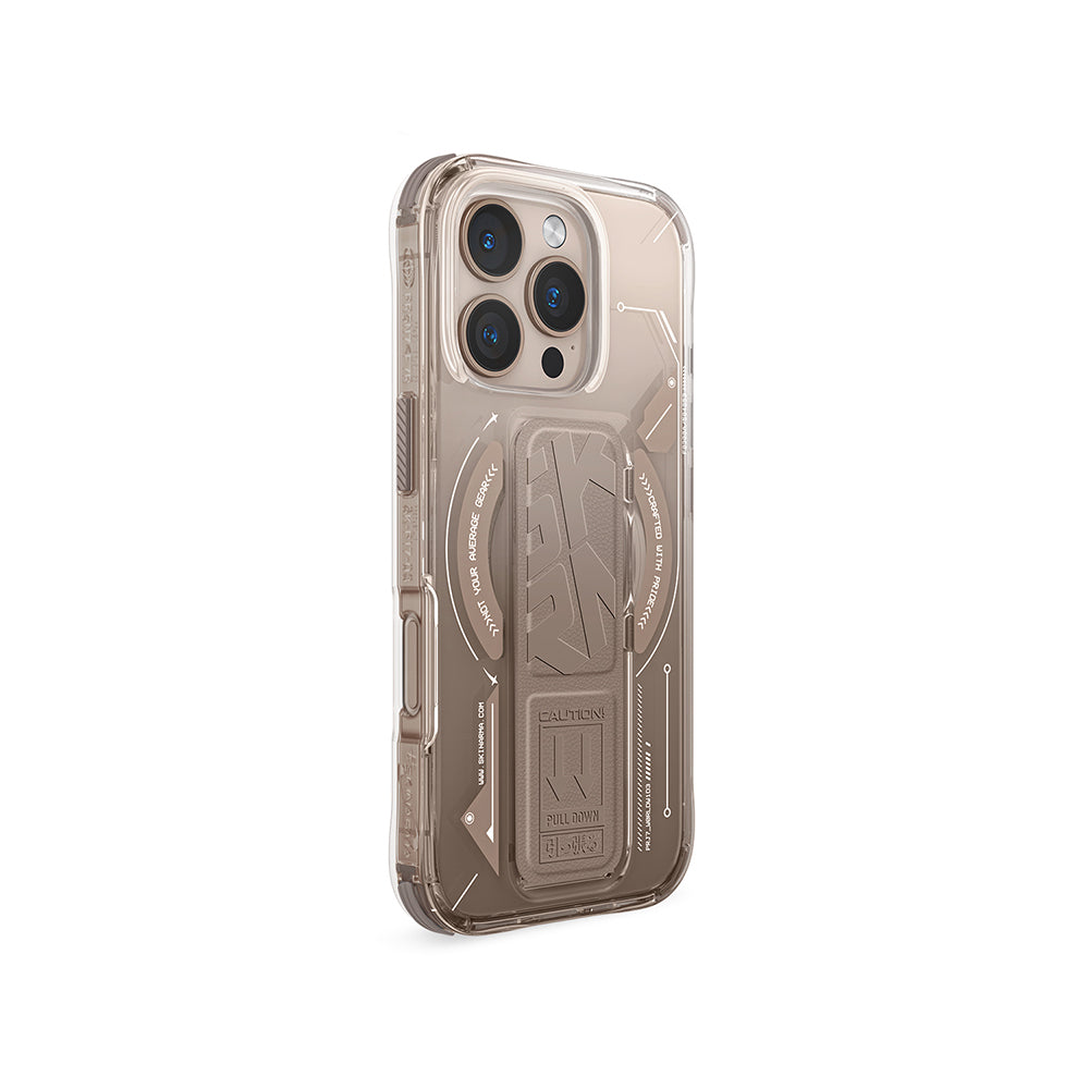 Apple iPhone 16 Pro Max Kılıf M-safe Şarj Özellikli Teknoloji Desenli Standlı Skinarma Helio Kapak Gold