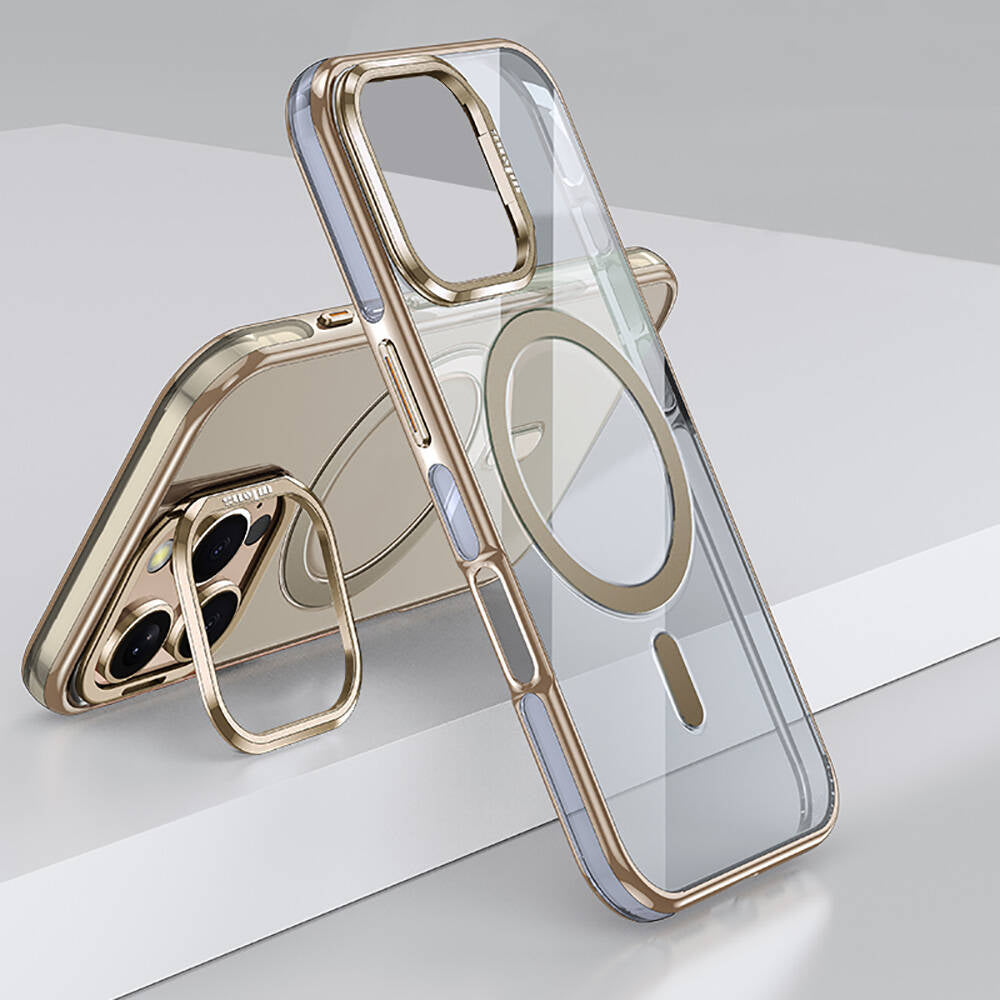 Apple iPhone 16 Pro Max Kılıf M-safe Şarj Özellikli Wlons Standlı Efsane Kapak Titanyum-Gold
