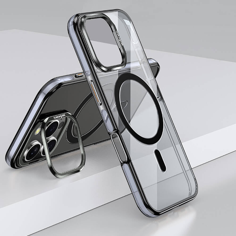 Apple iPhone 16 Pro Max Kılıf M-safe Şarj Özellikli Wlons Standlı Efsane Kapak Siyah